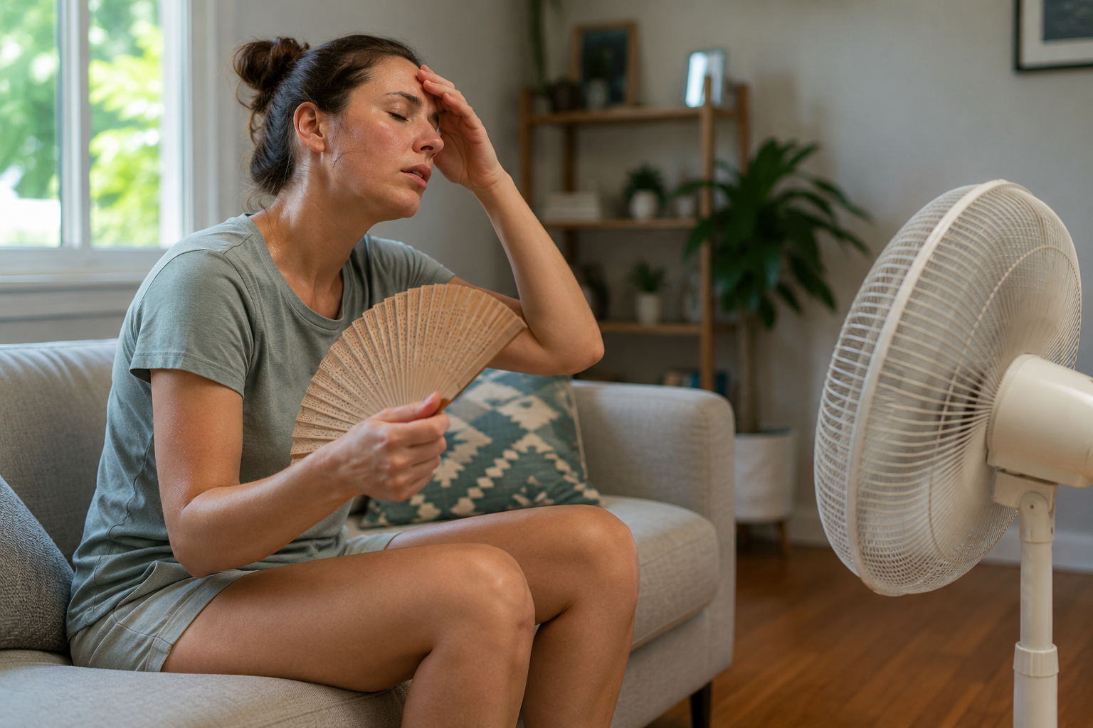 person using fan to cool off in her home during hot summer day